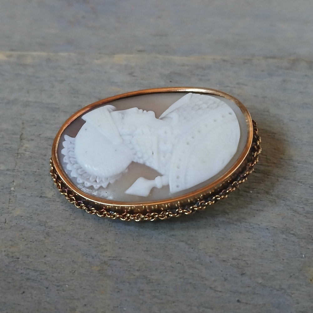 Antique Victorian Carved Shell Cameo 14K Rose Gold Brooch Roman Greek Warrior - Picture 8 of 16